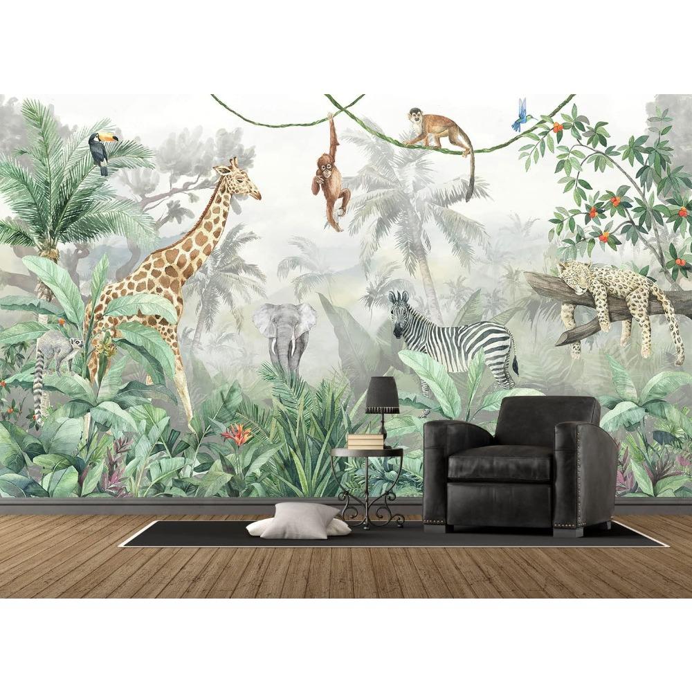 Jungle Animal Wall Mural Watercolor Tropical Wallpaper for Bedroom Wall Decor
