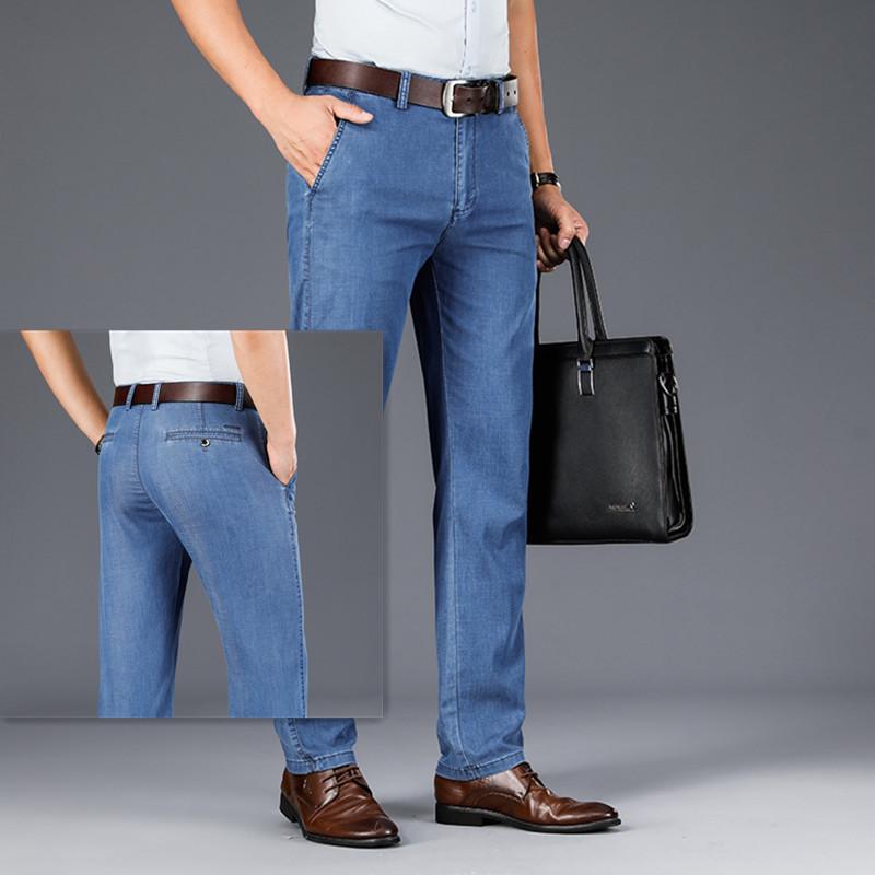 

Джинсы мужские из эластичного хлопка Tencel с высокой талией — прямой крой, осенняя одежда 35 светло-синий