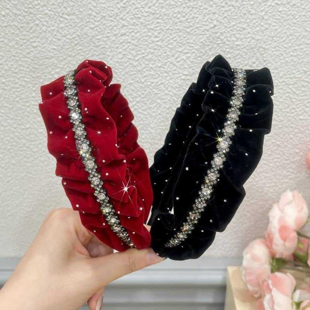 Sweet Velvet Pleated Hair Hoop Elegant Women Sequin Hairband Shiny Rhinestone Headband  Banquet