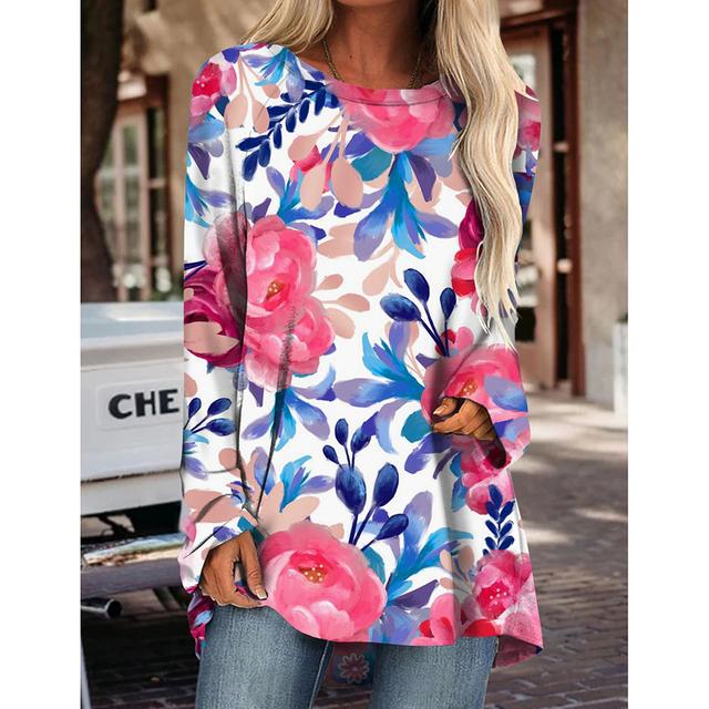 2023 Langarm-Damen-Oberteile, Blumen-Thema, 3D-Druck-T-Shirts, Rundhalsausschnitt, lässige Damen-Tagespullover-T-Shirts, elegante Oberteile