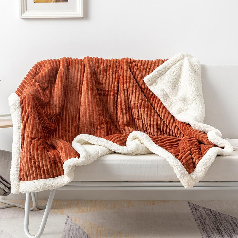 Nap Air-conditioning Blanket Soft and Comfortable Thickened Double-layer Solid-color Striped Lamb Wool Drawn Blanket