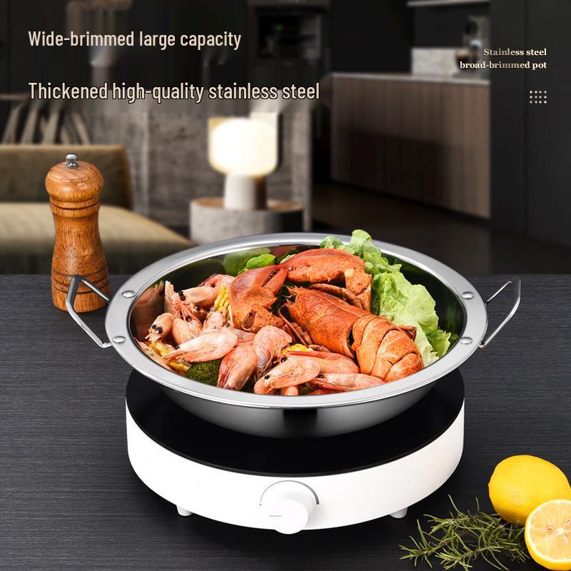 Extra Thick Stainless Steel Hot Pot with Wide Rim - Pickled Cabbage, Fish, Crayfish, Double Ear, Flat Bottom, Small Dry Pot