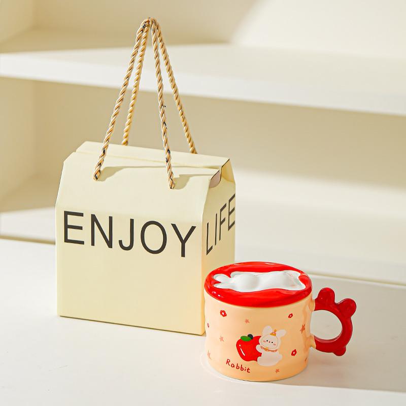 Little Rabbit Cartoon Lid Ceramic Cup Girls High Temperature Resistant Mug Cute Creative Water Cup Office Small Gift Cup