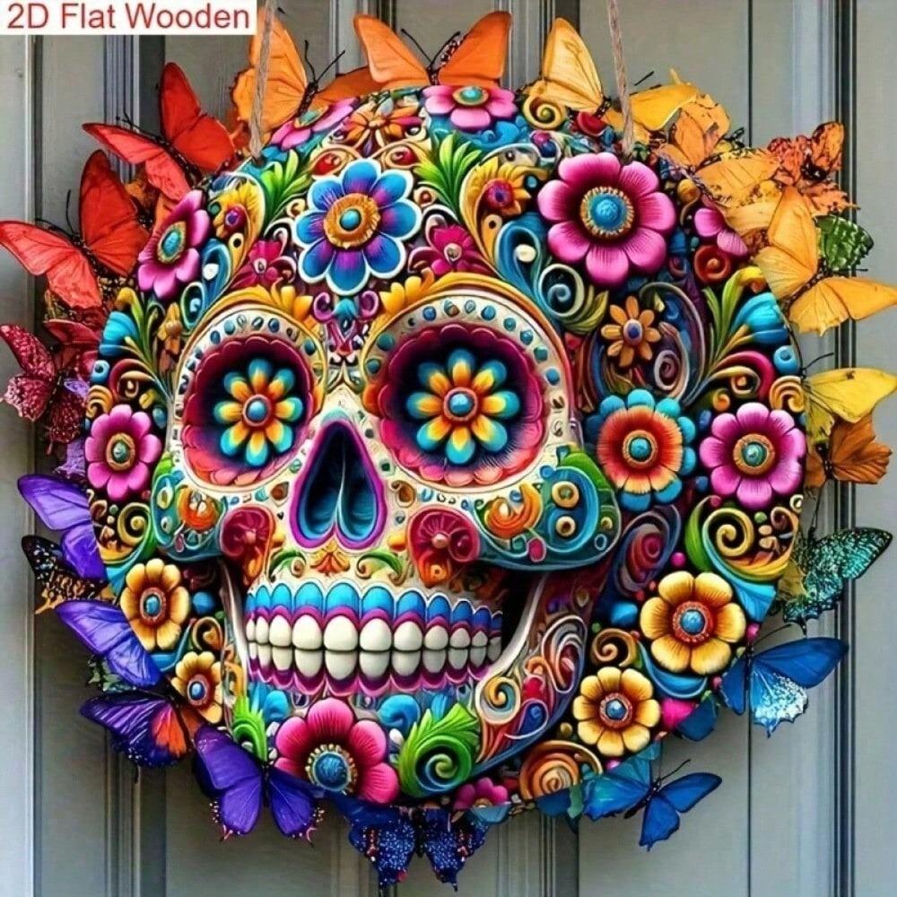 Day Of The Dead Sugar Skull Metal Sign, Colorful Floral Wall Art, Halloween Home Decor, 1 Pack
