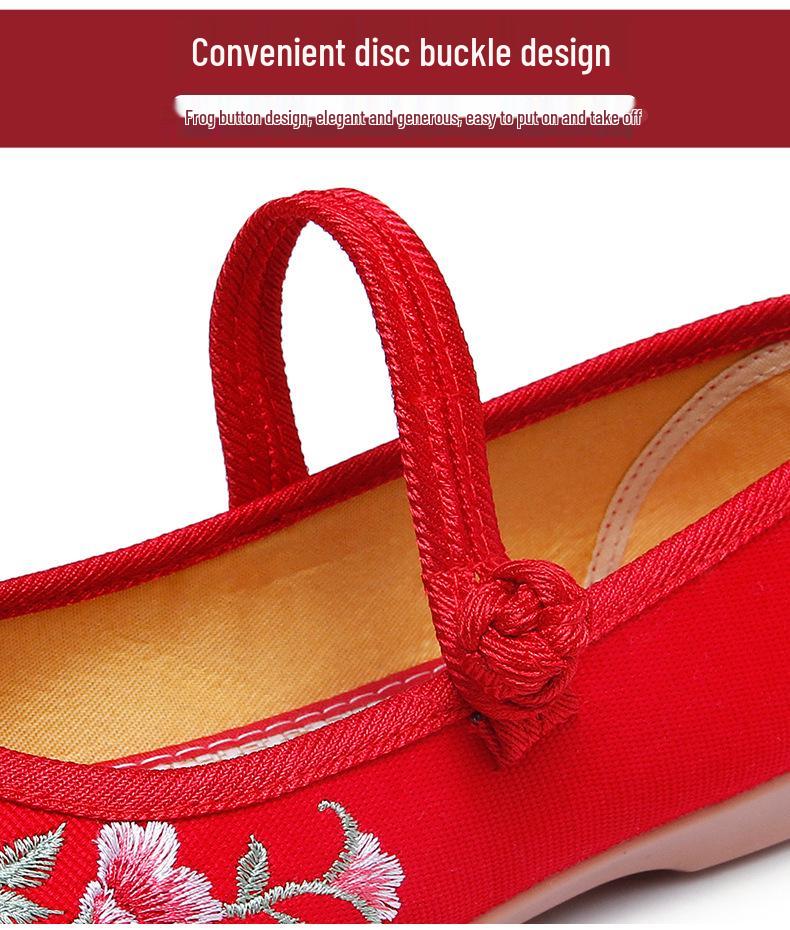 Old Beijing Women's Embroidered Cloth Shoes, Non-Slip Flat Hanfu Style with Beef Tendon Sole