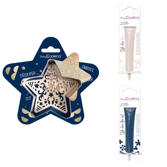Kit pour biscuit en relief Étoile + 2 Stylos au chocolat blanc et bleu nuit