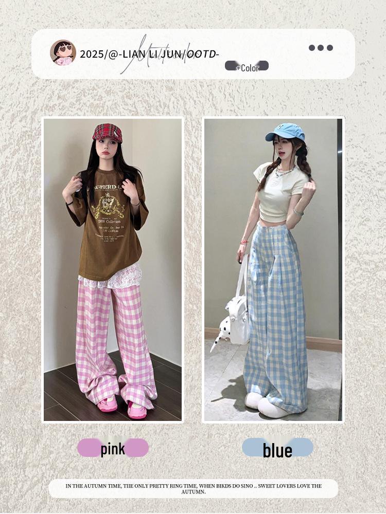 Women's Blue Plaid High-Waisted Wide-Leg Pants - Spring/Summer 2025 Collection