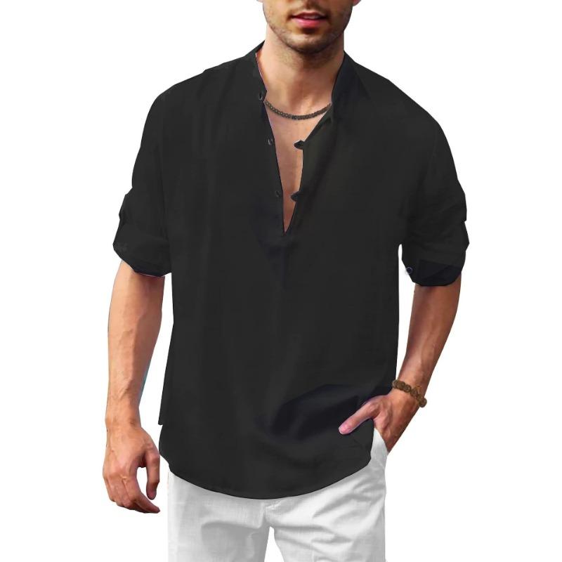 Men Linen Blend Stand Collar Shirt Casual Half Button Roll Up Sleeve Solid Blouse