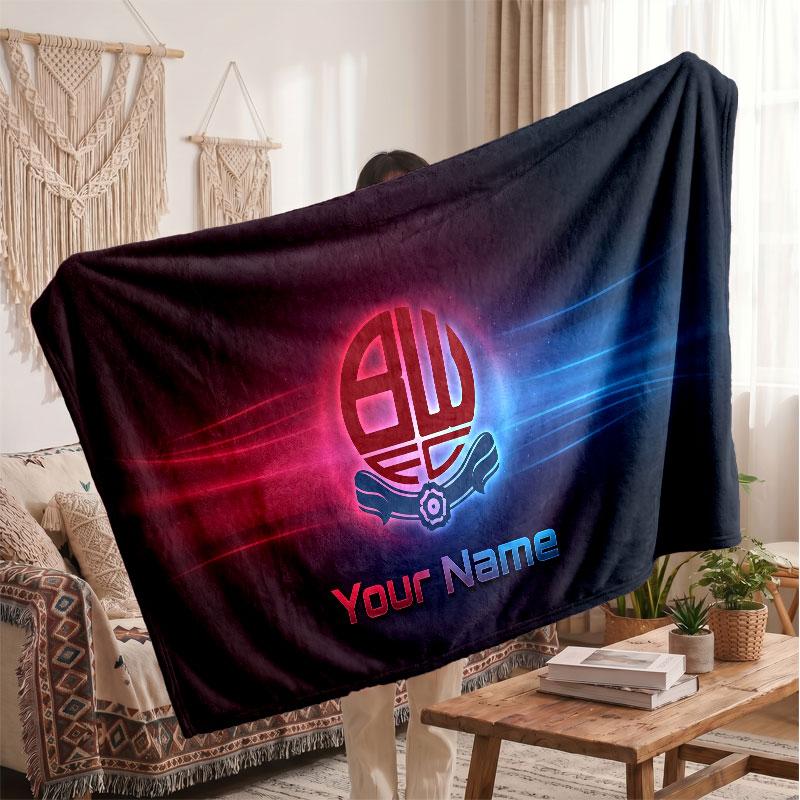 Bolton Wanderers FC Personalized Fleece Blanket With Football Logo, Custom Name Text Soft Warm Home Throw Blanket