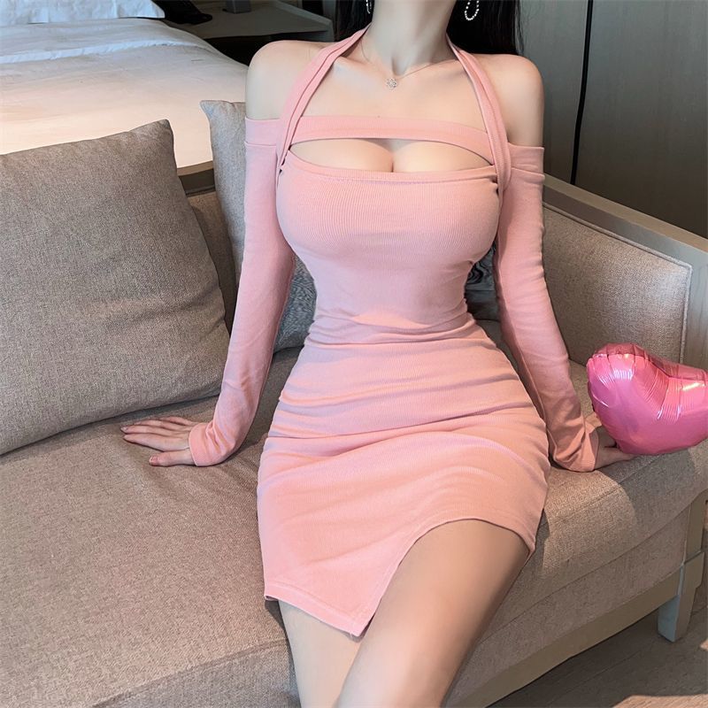 American Sexy Spicy Girl Pink Halter Long-sleeve Dress for Women, New Winter Slimming Fashion Hip-hugging Short Skirt