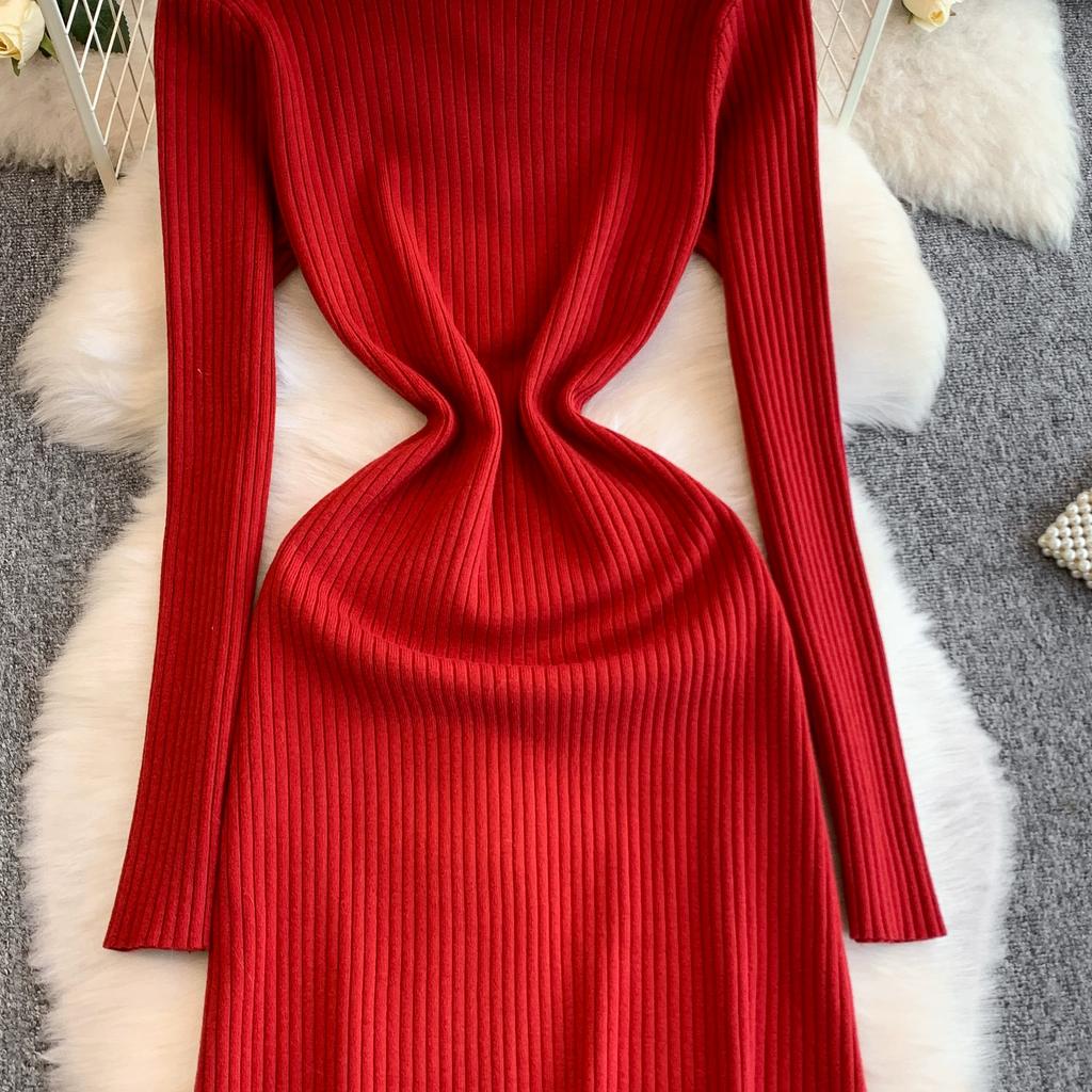 Autumn Winter Women Elegant Polo Collar Knitted Sweater Red Long Midi Pullover Dresses