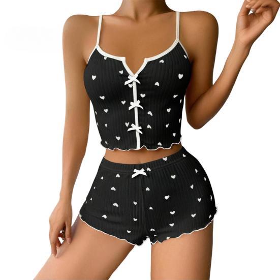 2 Pcs/Set Women Vest Shorts Suit Bow Heart Print Sleeveless Shirring Top High Waist Short Trousers Homewear Loungewear Outfit Summer Sleepwear