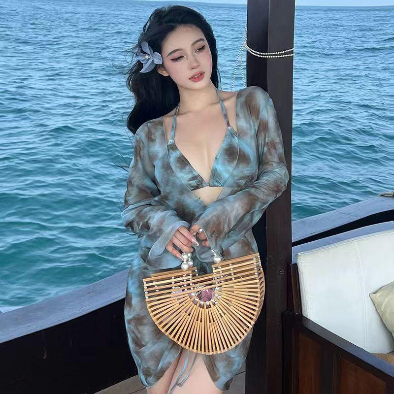 

Сексуальный купальник-бикини из трех частей большого размера с накидкой - Контроль живота, Длинный рукав, Купальник для похудения для женщин XL синий