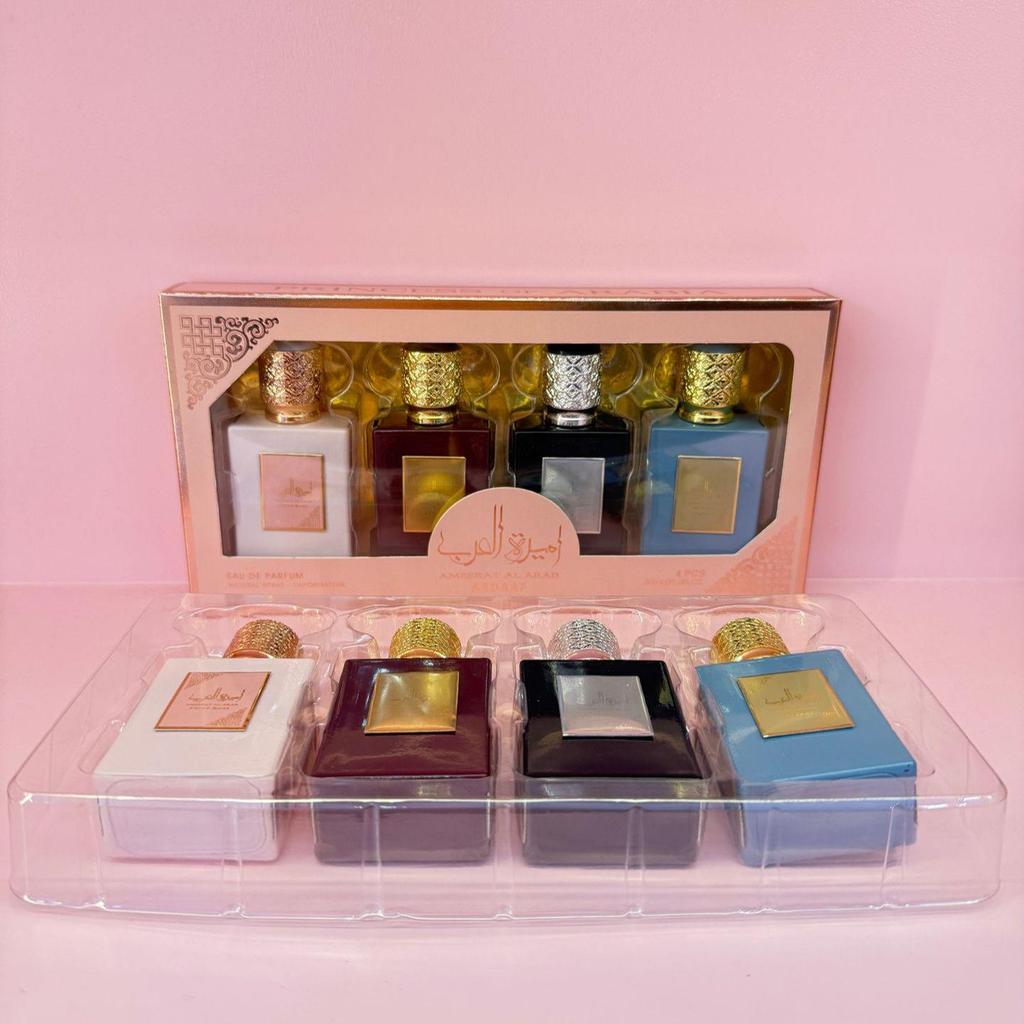Flocked ARAB Four-Piece Perfume Gift Set: Long-Lasting Arabic Fragrances from Dubai.