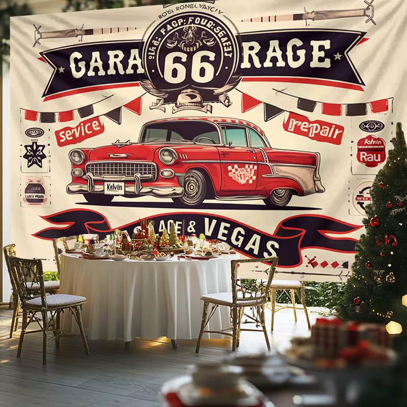

Route 66 Classic Car Tapestry Retro Garage Repair Shop Wall Art 47.2x31.5inch/120*80cm