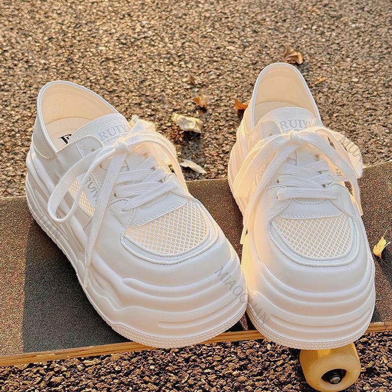 Fashion Lightweight Mesh Breathable Platform White Sneaker Women Spring Summer Shoes Casual Lace Up Flat Bottom Heighten Vulcanize Shoes