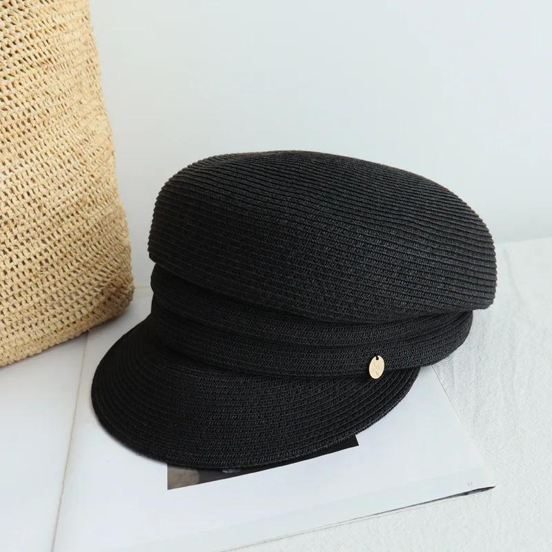 

Japanese New Designer Berets Women s Summer Korean Casual Fashion Straw Hat Shading Sun Protection Sun Hat Retro Newsboy Cap 53-58cm чорний
