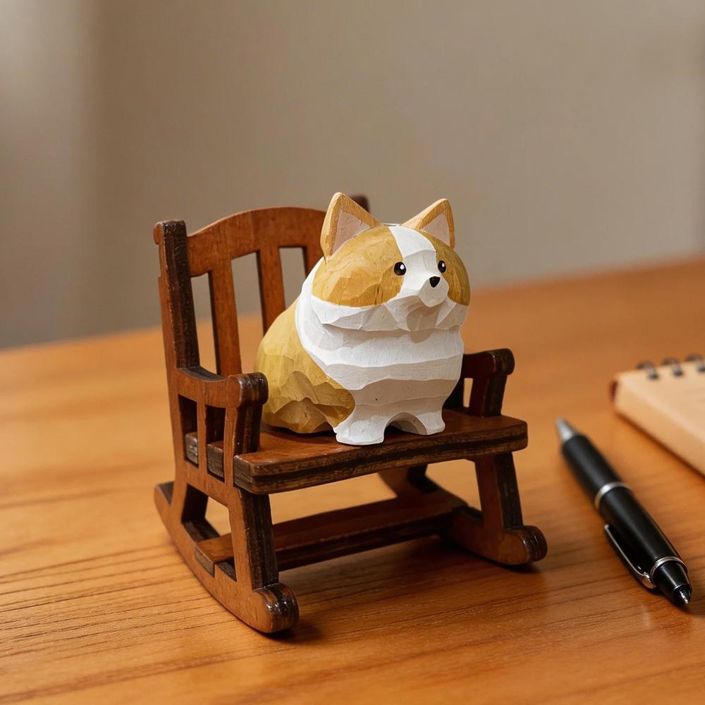 Hand Carved Decorative Wooden Corgi Figurine Mini Cute Dog Animal Statue Ornament Sculpture Home Desk Decor Gift for Dog Lovers