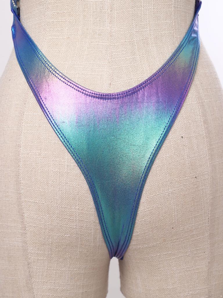 Womens Iridescent Metallic One Piece Swimsuit Chest Pads Crossing Strap Backless Bodysuit