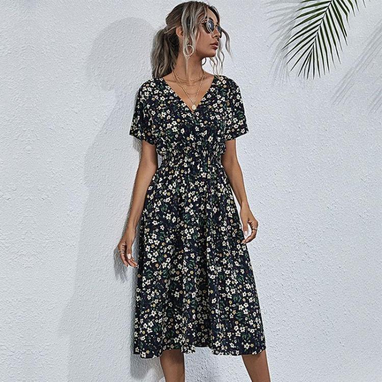 Women Summer Fall Casual Floral Print V-neck Short Sleeve High Waist Slim A-Line Long Dress S-XL