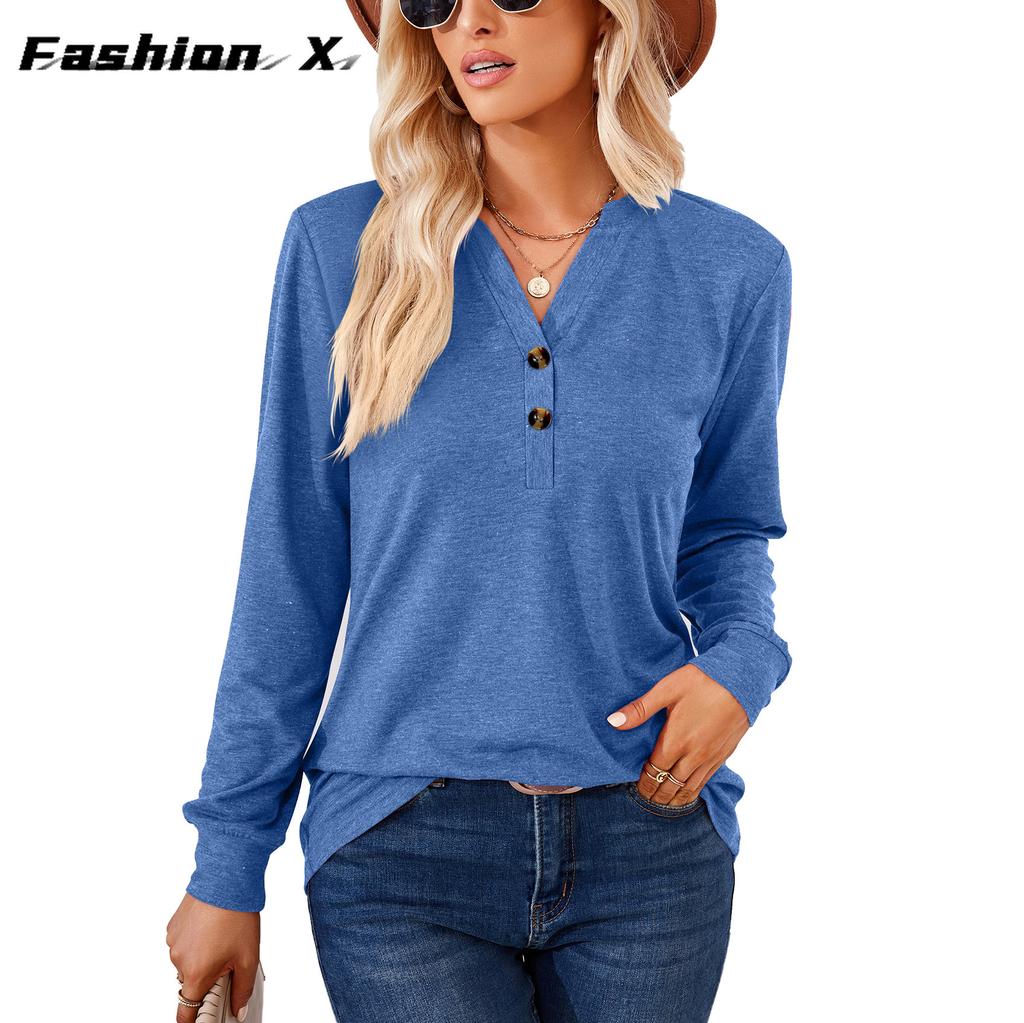 Europe and The United States New Solid Color V-neck Buttons Loose Long-sleeved T-shirt Tops for Women