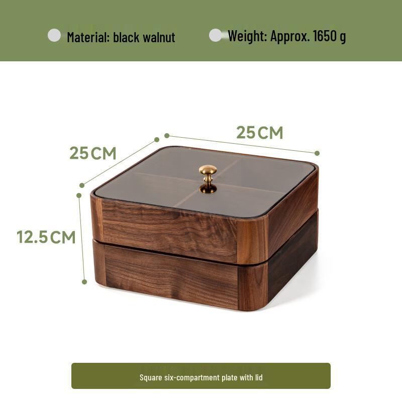 Black Walnut Solid Wood Four-Grid Dried Fruit Box with Glass Lid