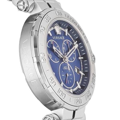 Versace GRECA CHRONO Greca Chronograph Watch, 45mm, Blue Dial, Stainless Steel, Sapphire Crystal, Quartz Movement, Men's, Silver, VEPM00420