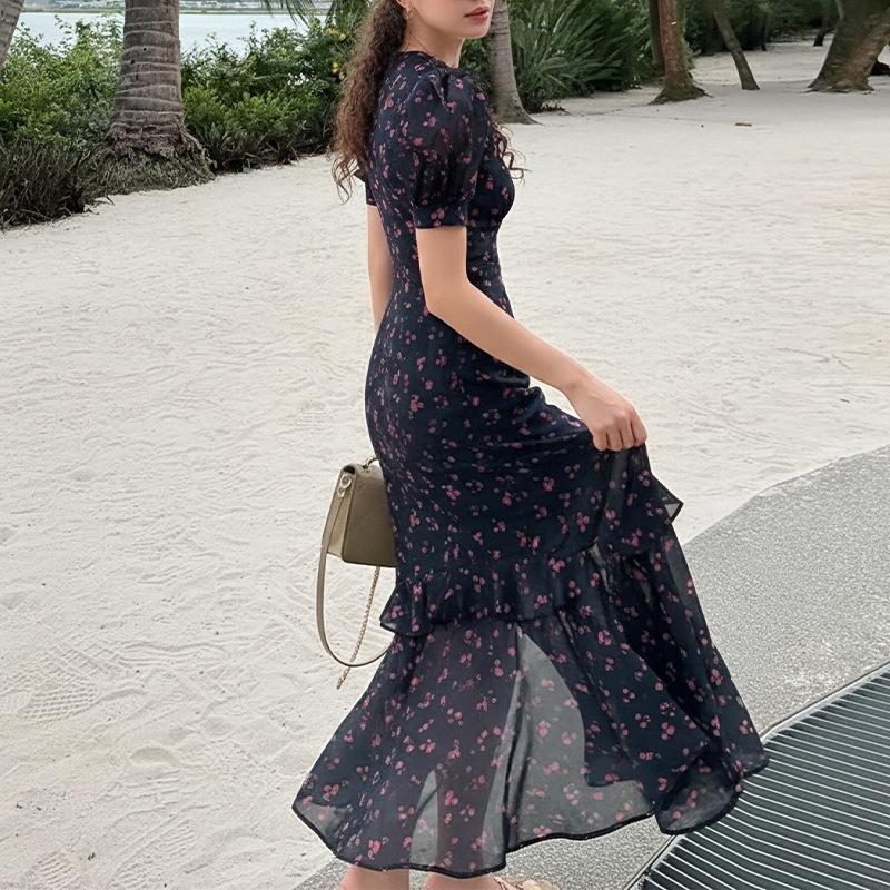Sexy Print Women Long Dress Urban V-neck Single Breasted Ruffles Half Sleeve Female Dresses Spring Autumn Lady Robe