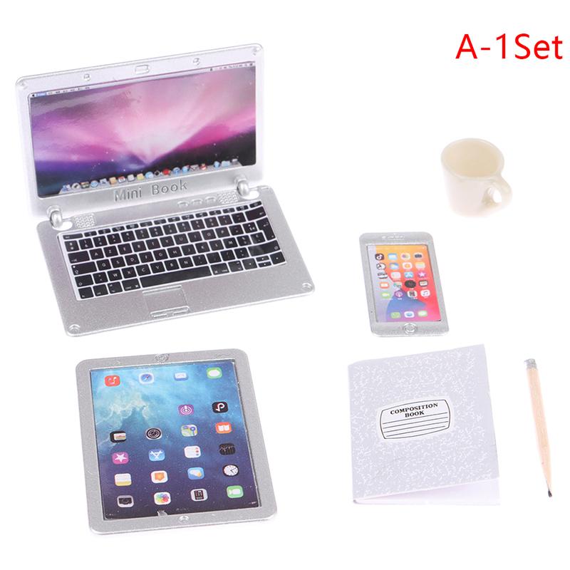 1:12 Dollhouse Miniature Laptop Phone Tablet Desk Lamp Book Desk Set Decor Toy