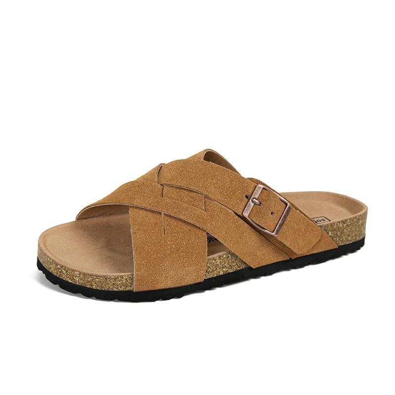 Thick-soled slippers women's summer outer wear new retro flat-bottomed cross-strapped slippers cork bottom large size
