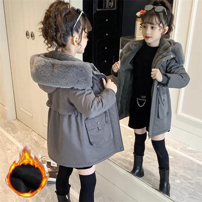 Girls Cotton Coats Winter Plus Velvet Jackets Kids Hooded Outerwear Solid Colour Casual Overcoat Warm Thicken Parkas