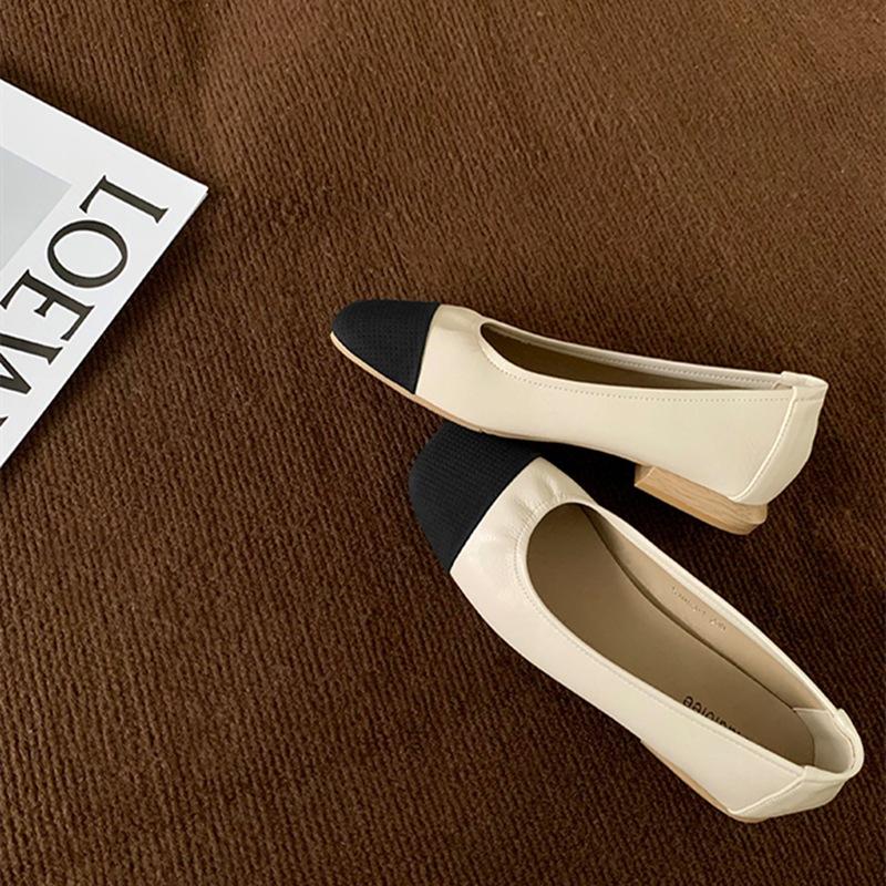 Xiaoxiangfeng single shoes women's 2025 summer new leather light mouth square head flat shoes color matching commuting versatile soft sole