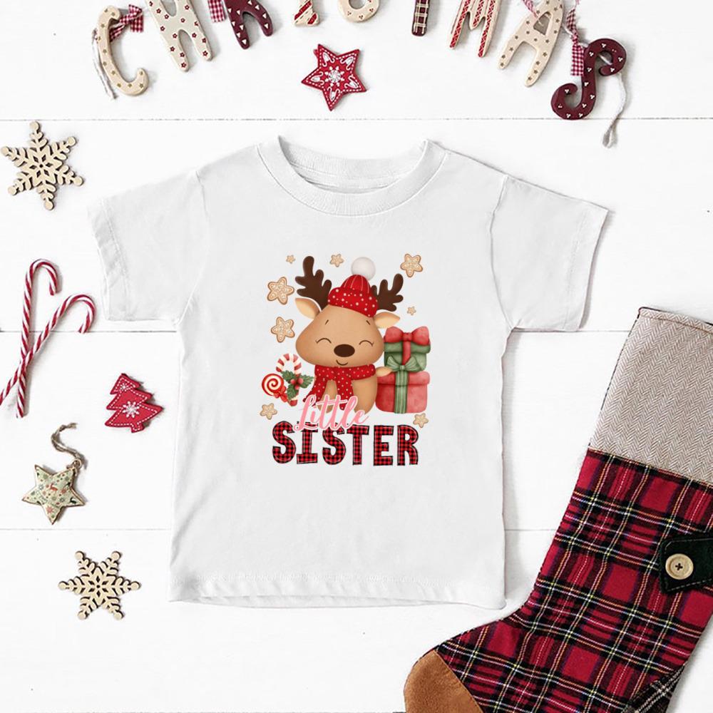 Hirsch Großer Bruder Kleine Schwester Druck Kinder T-Shirt Weihnachtsfeier Jungen Mädchen Outfit Feiertag Geschwister T-Shirt Kind Kurzarm T-Shirt