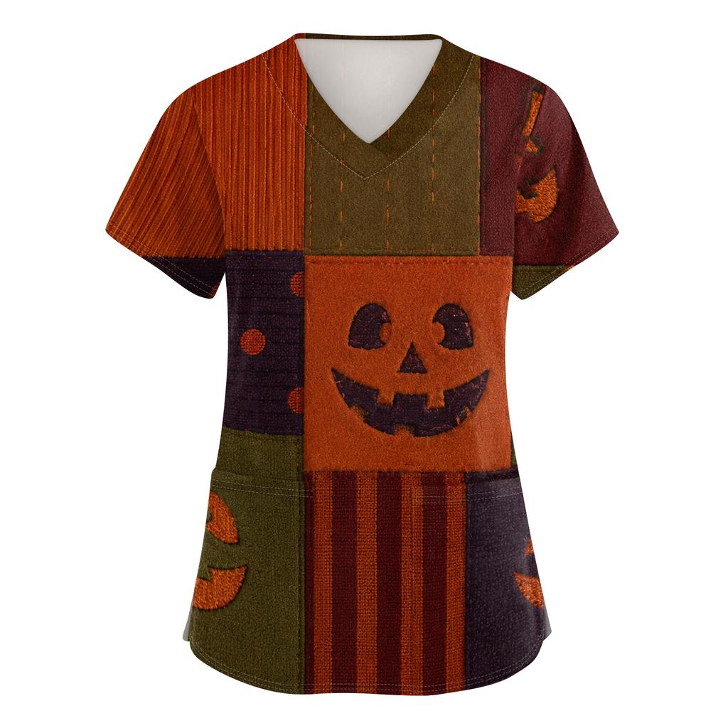 Women V Neck Halloween Print Short Sleeve Medical Scrub Top with Pocket Side Slit Workwear Uniform Shirt for Healthcare Professionals