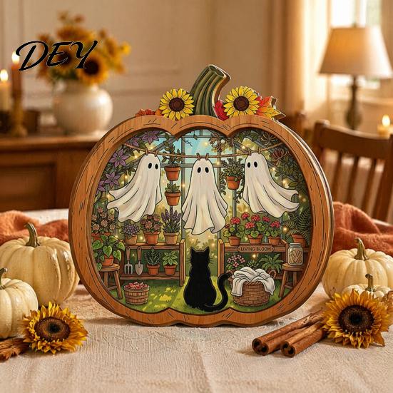 Halloween Bookstore Scene Ghost Wooden Tabletop Ornament, 2D Flat Cute Reading Bathing Whimsical Book Nook Watering Plaque with Stand for Home Shelf,