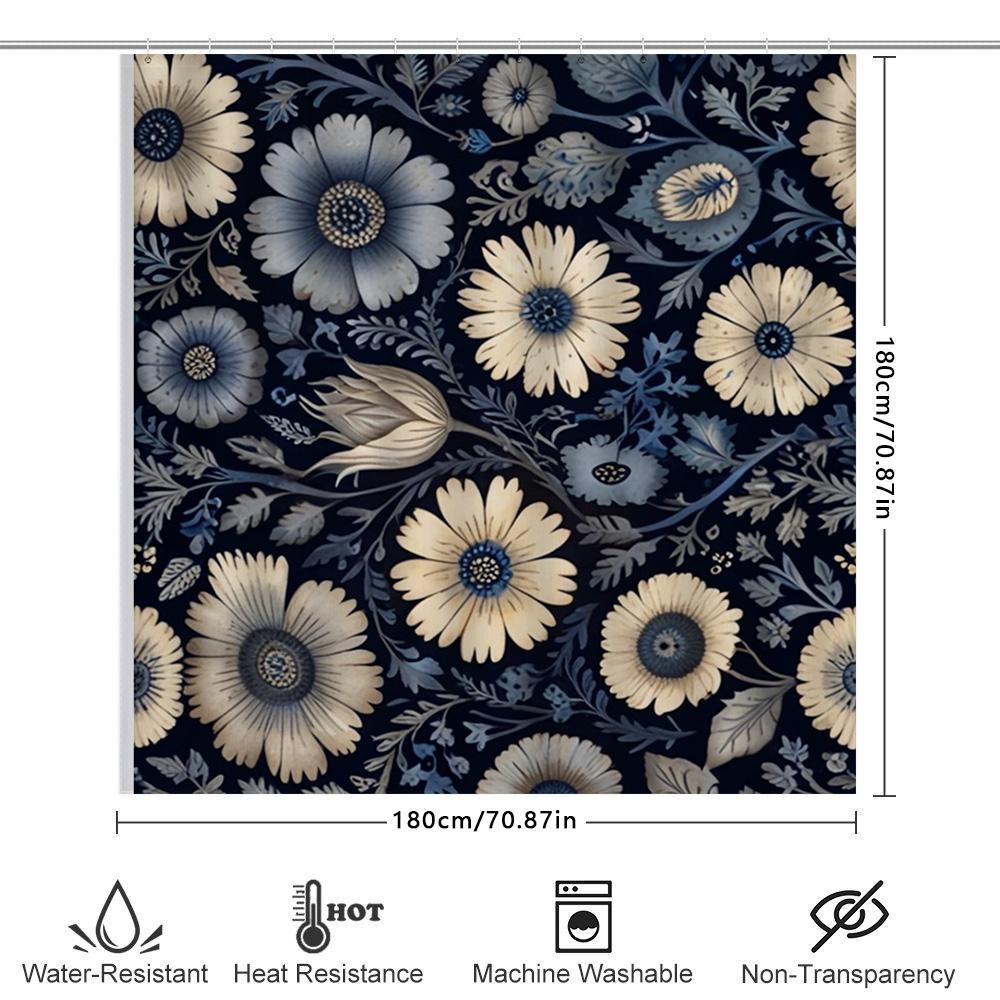 Vintage Blue Bath Shower Curtain Floral Print Home Decor Waterproof Custom Size 3D Decoration Bathroom Wall Hanging