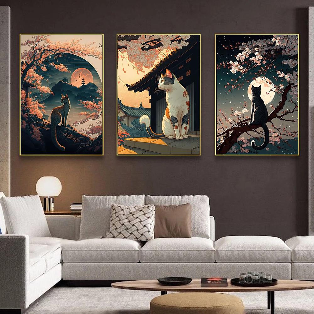 Japanische lustige Tierkatze Kirschblüte Poster und Drucke Leinwand Gemälde Wand Kunst Bilder für Wohnzimmer Wohnkultur