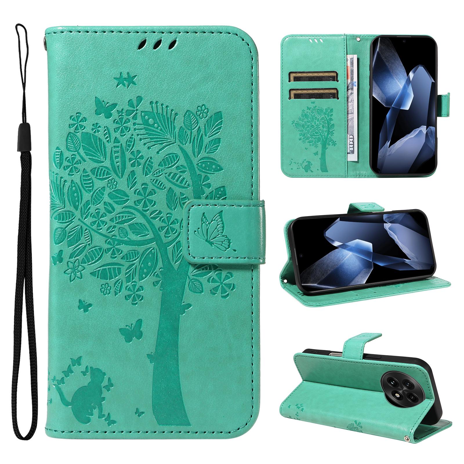 

For OnePlus 13 Phone Case with Stand Cat Tree Pattern Leather Wallet Mobile Cover Green