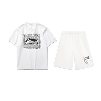 Li-Ning Letter Logo Printed Trendy Comfortable Round Neck Pullover Short Sleeve T-Shirt Casual Sports Suit Unisex Tops White AHSUA15-1+AKST593-7