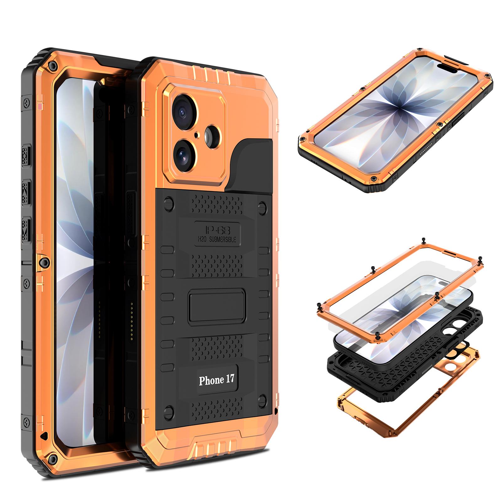 

Case for IPhone Air 17 Pro Max 17Pro 17 IP68 Waterproof Metal Heavy Duty Shockproof Cover Glass Screen Protector For iPhone 17 оранжевый