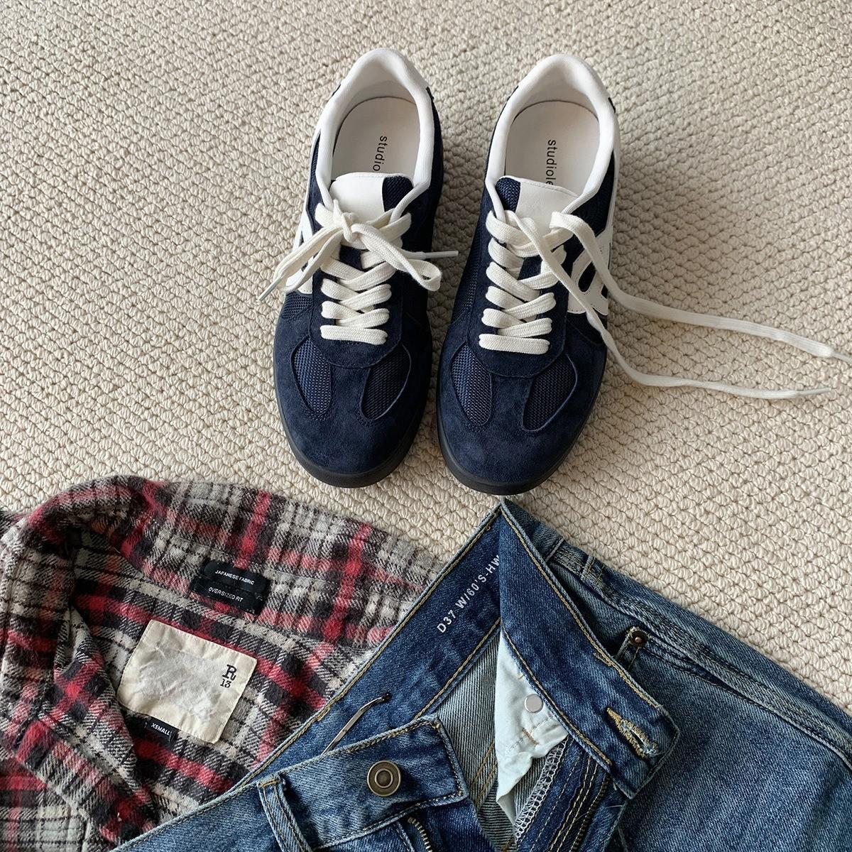 

Cowhide version of grape mother, the same fashionable color matching leather breathable round head lace-up thick sole heightening German training sh 40