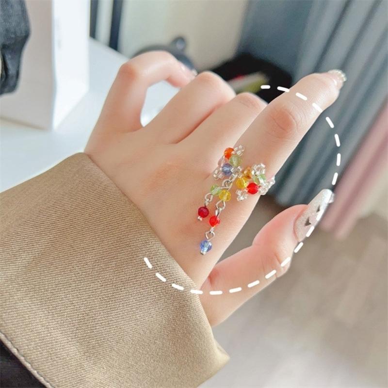 Fashionable Crystal Beaded Floral Rings Tassels Flower Rings Adjustable Finger Rings Jewelry Stylish Accessory for Women