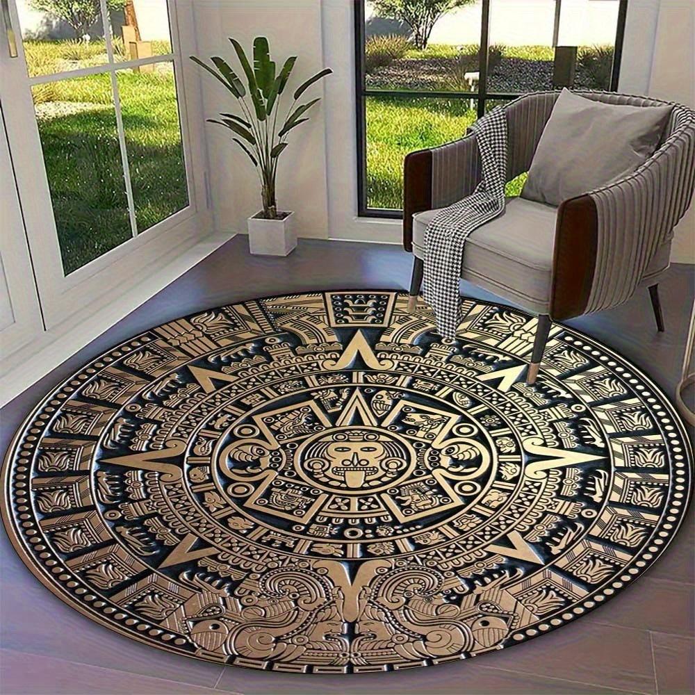 Retro Aztec Sun Calendar Round Rug Mayan Culture 3D Print Non-slip Floor Mat for Living Room Bedroom Mystical Home Decor Carpet
