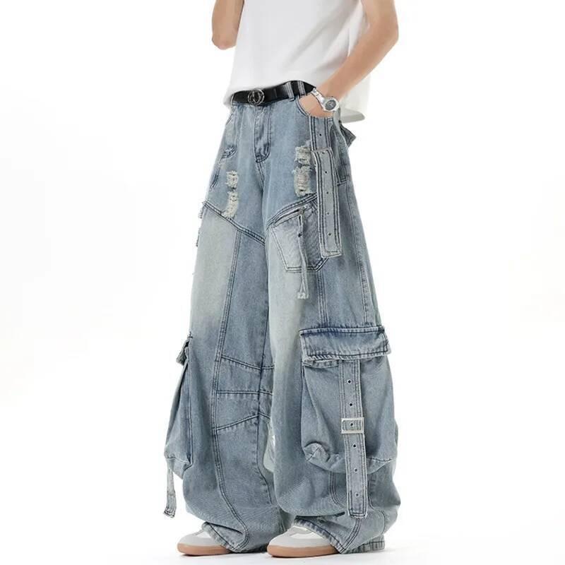 BeatStreet Herren Jeans Amerikanischer Stil Einfarbige Mehrere Taschen Lässige Abgetragene Hose Dekonstruktion Weiter Bein Jeanshose