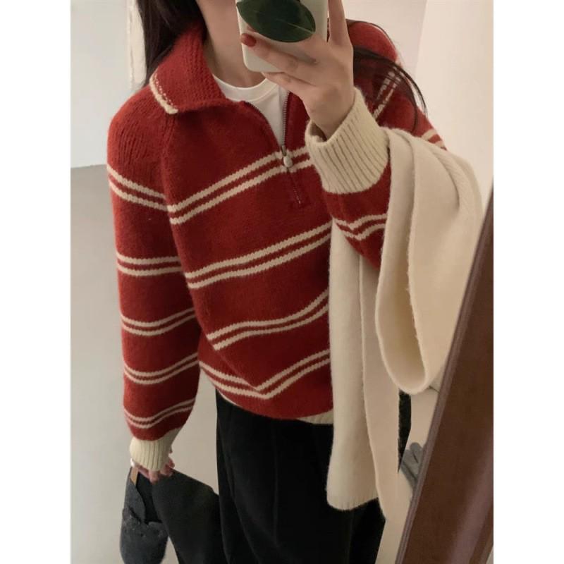 Korean-Style Striped Polo Collar Loose Thick Top for Autumn/Winter Women