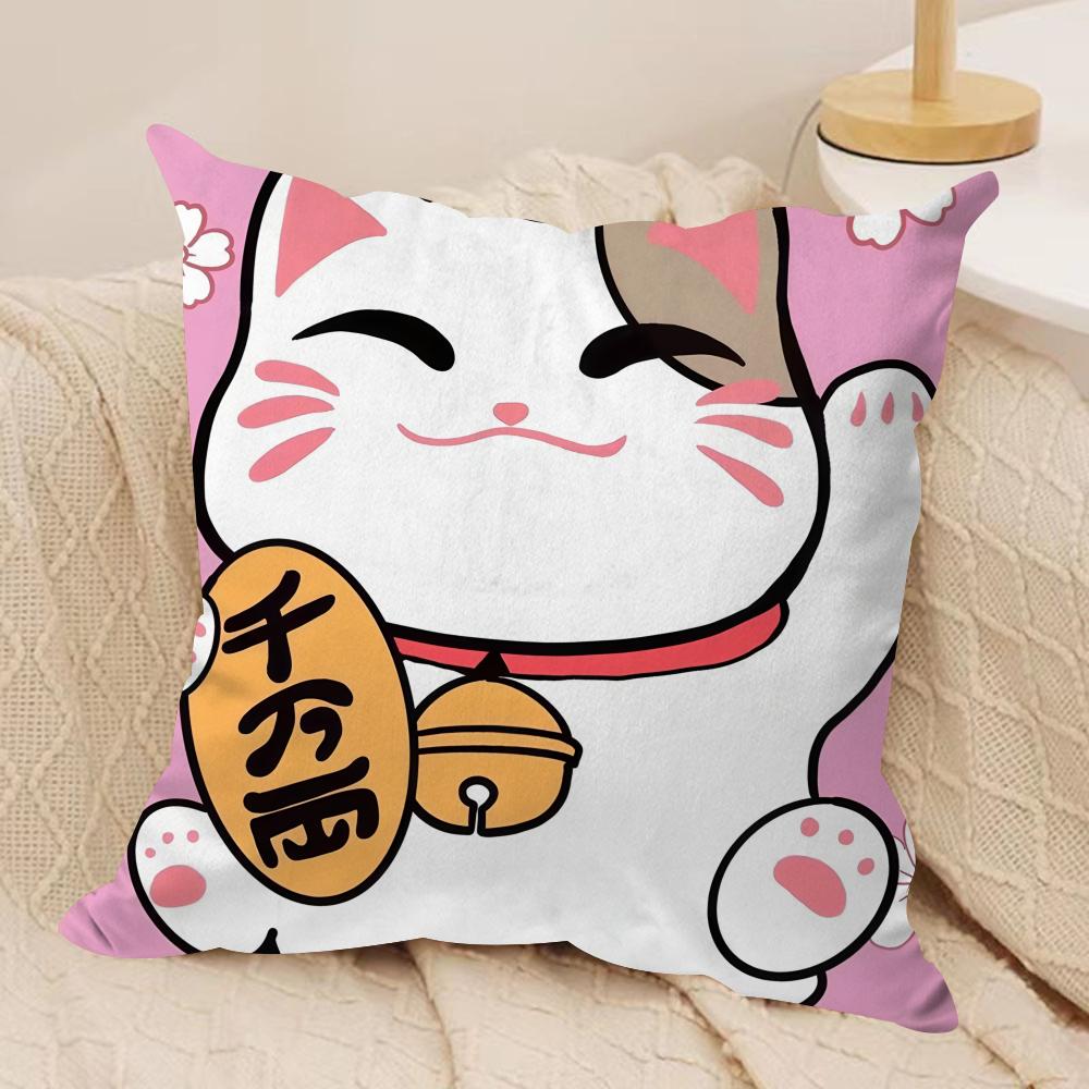 Aneki Neko Rich Luck Money Cat Cushion Cover Silky Short Plush Invisible Zipper Dustproof Sofa Pillow Case For Home Decor