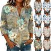 Women Vintage Floral Print Button Down Henley Collar Shirt Three Quarter Sleeve Linen Cotton Blouse Casual Lightweight Top