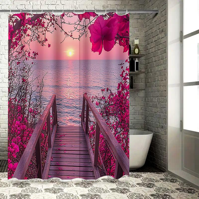 Stylish Shower Curtain With Scenic Sunset And Blossoming Flowers - Perfect For Home Decor Waterproof Durable Elevate Space W60H190(CM)-1 Pcs