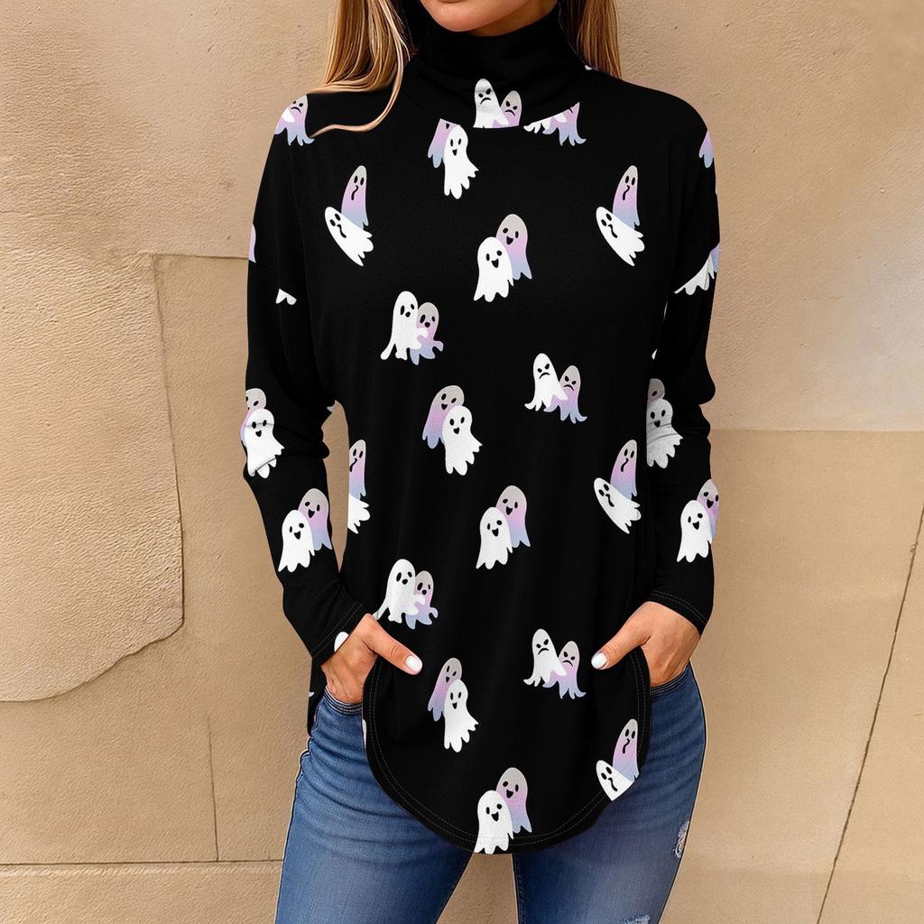 Tee Shirts For Women Fall Casual Long Sleeve Shirts Sweatshirt Vintage Printed High Neck Top Pullover