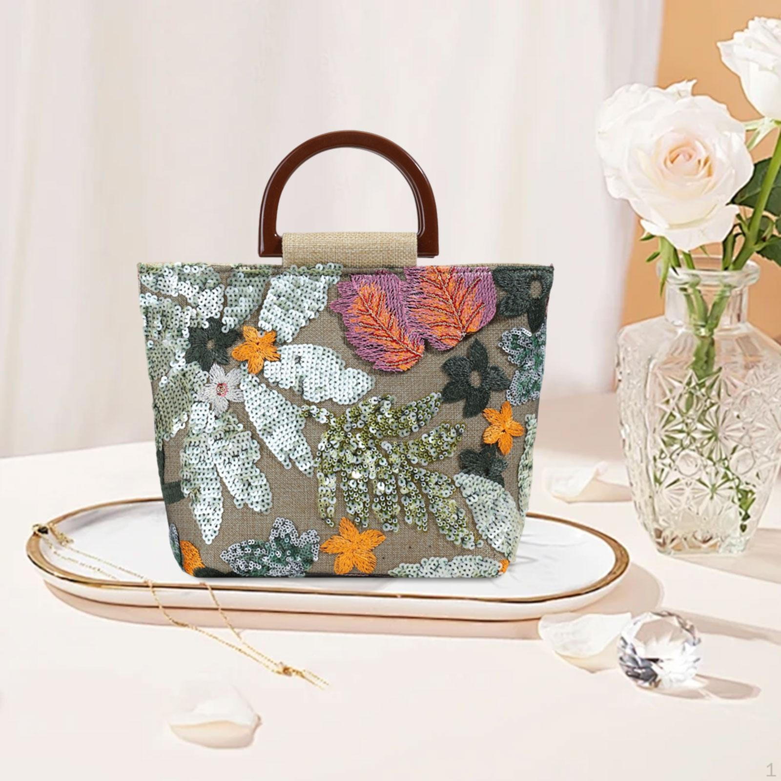 Beach Shoulder Handbag Sequin Embroidered Floral Tote Bag Ladies Purse Evening for Holiday 2485₽